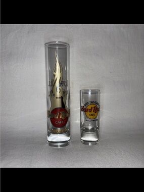 Hard Rock Cafe Clear Shot Glass Pair with Red and Gold Logos